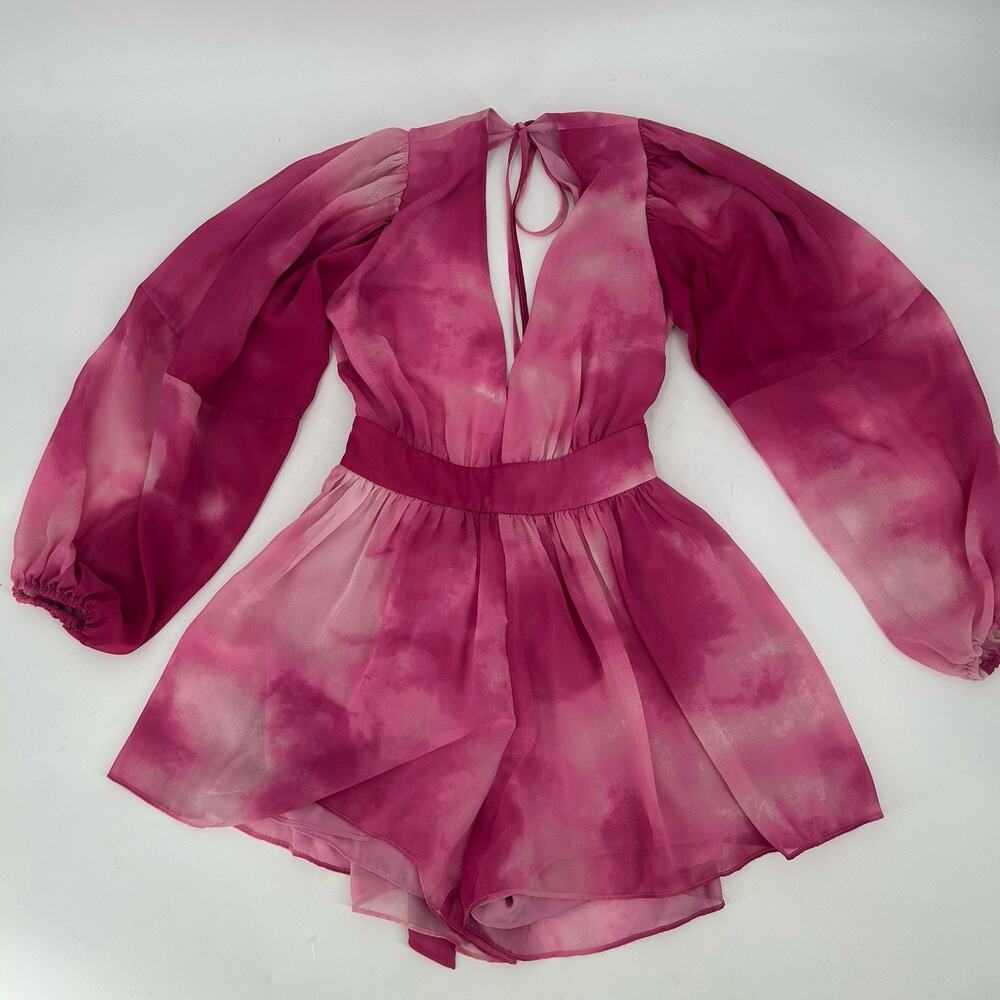 Toccin X RTR Pink Tie Dye Womens Romper Sz 0 Long Sleeve Open Back *FLAW*